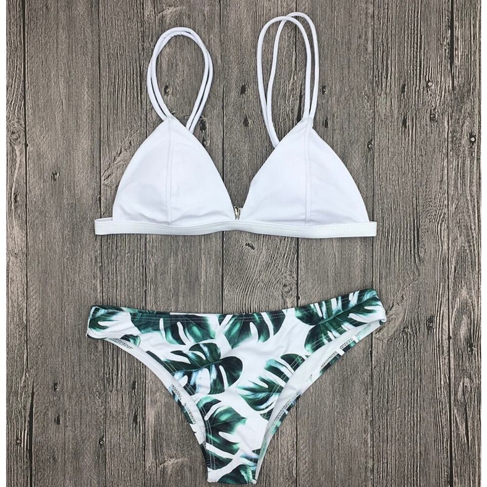 Zaful White Palm Leaf Triangle Bikini Small
